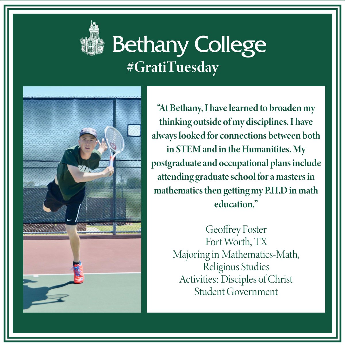 Bethany_College's tweet image. This #GratiTuesday, Geoffrey Foster '22 shares how he has learned to broaden his thinking outside of his own disciplines. #ONEBethany #BethanyBold