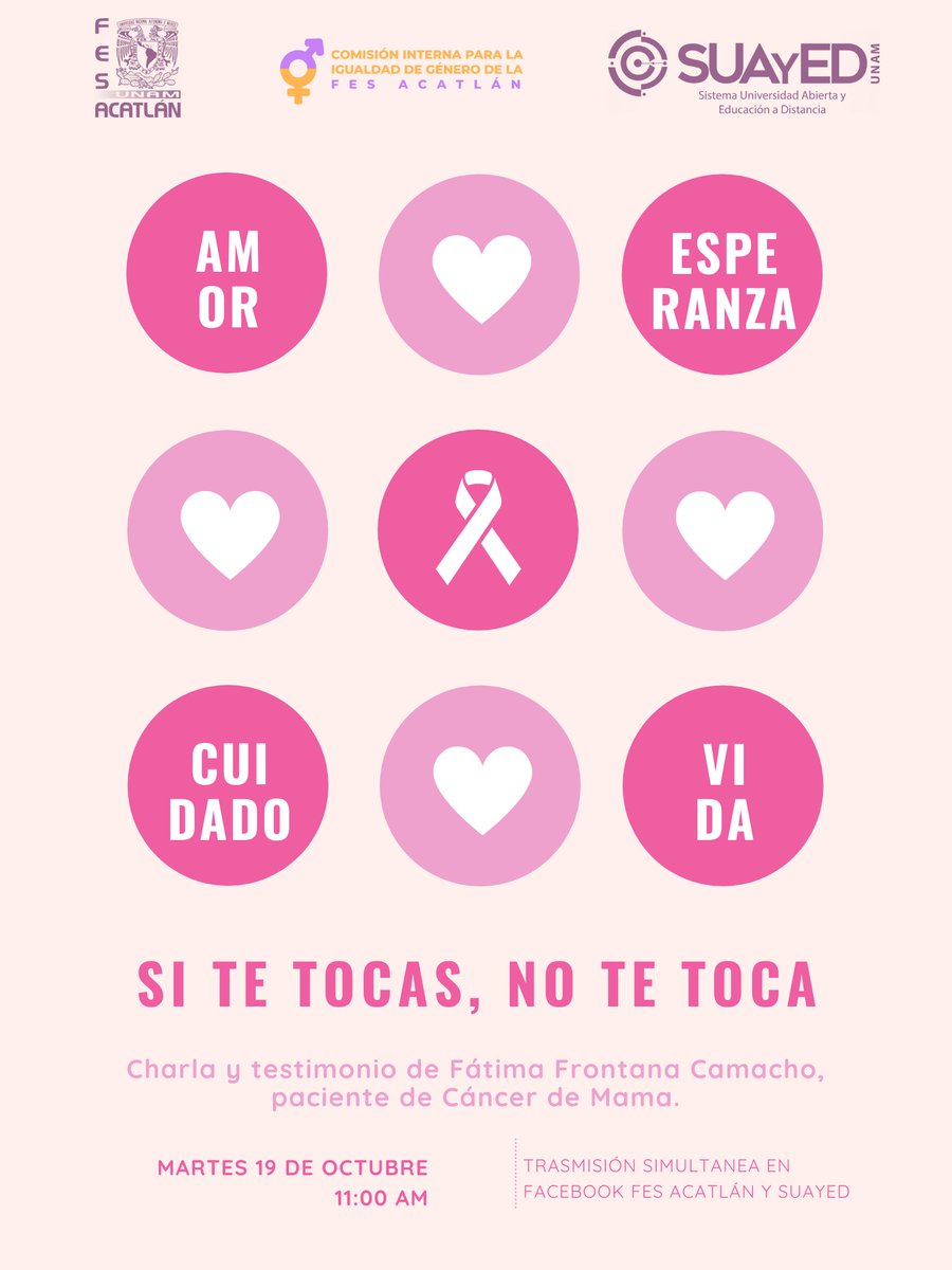 FES_ACATLAN's tweet photo. Octubre es el mes de la lucha contra el cáncer de mama, por este motivo, no puedes perderte esta charla-testimonio para tener un poco más de sensibilización sobre este importantísimo entra ahora a nuestro Facebook Live. https://t.co/EC6DXHtyLx https://t.co/JaTpeGxdjR
