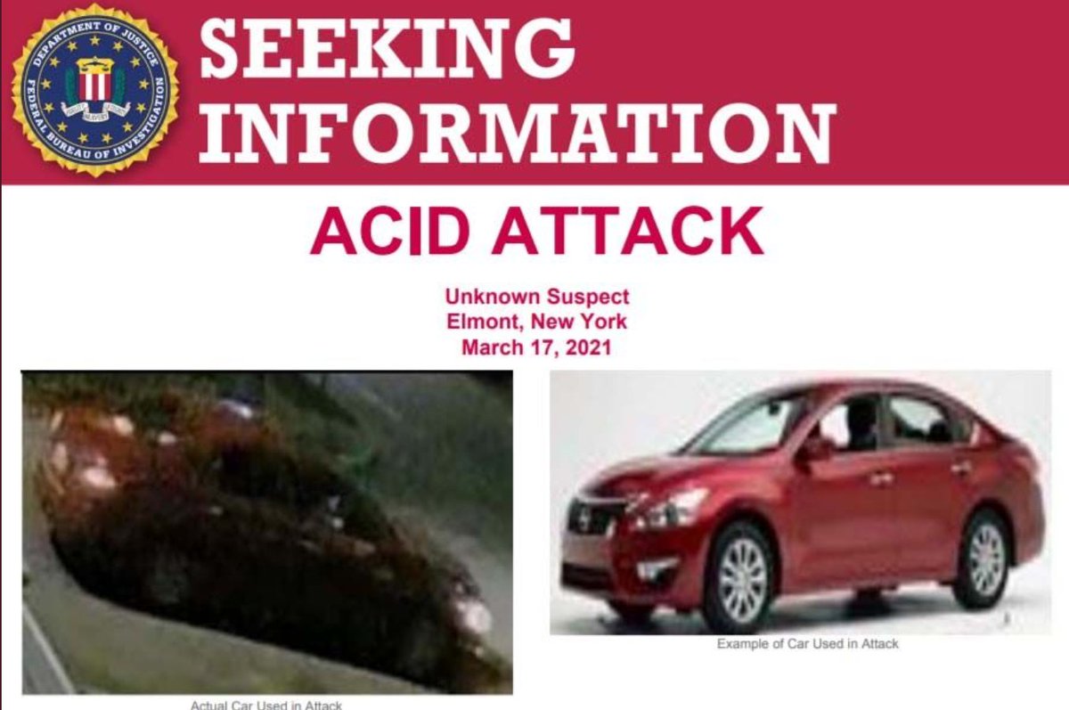 SleuthNetwork's tweet photo. The #FBI offers a reward of up to $20,000 for info leading to an arrest in connection with an assault in #Elmont, NY, on March 17, 2021, during which an unknown suspect threw a substance, later determined to be acid, in a female victim’s face &amp; then fled: https://t.co/kfiCkuAMKf https://t.co/eVqFt3ZTWc