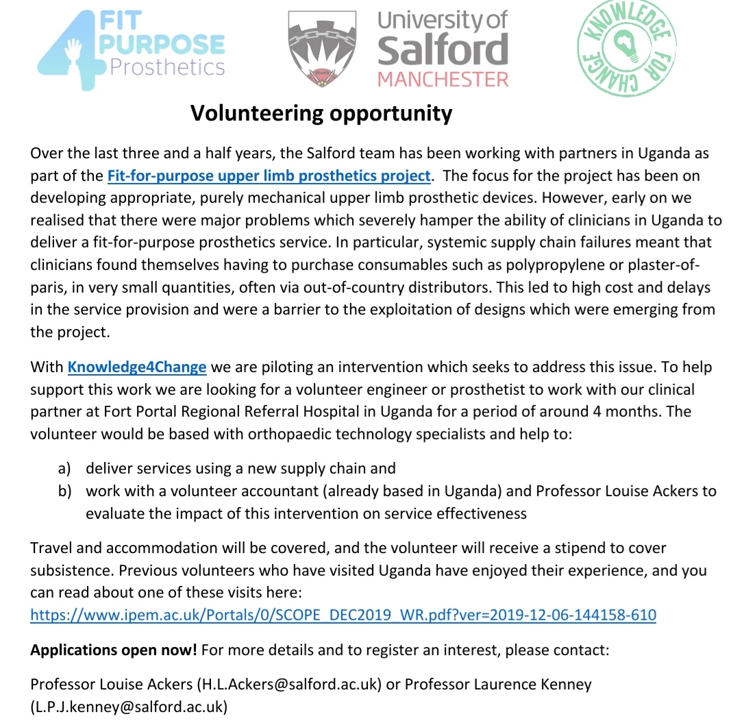 Know4Change's tweet image. Do you have a background in prosthetics/orthotics and are you free right now?! Come join us in Uganda 🇺🇬 as a volunteer for the Fit-4-Purpose prosthetics project. Stipend and flights included - contact us for more information.