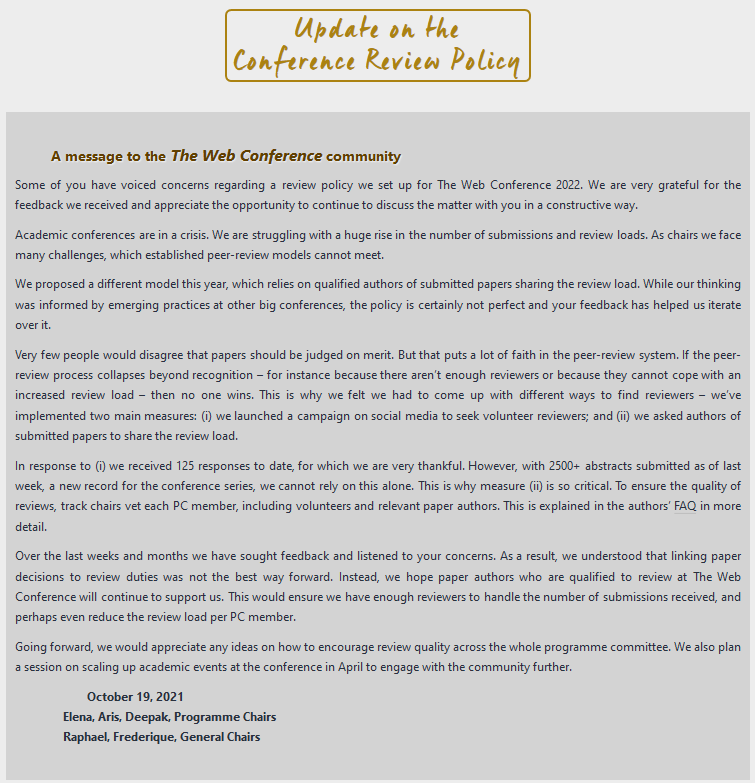 TheWebConf's tweet image. We have listened to the community concerns regarding the obligation made to authors selected by track chairs to review papers. Authors are free to opt out. Please, read on at www2022.thewebconf.org/cfp/review-pol… and see our updated authors FAQ 
#review #TheWebConf #www2022 @TheOfficialACM