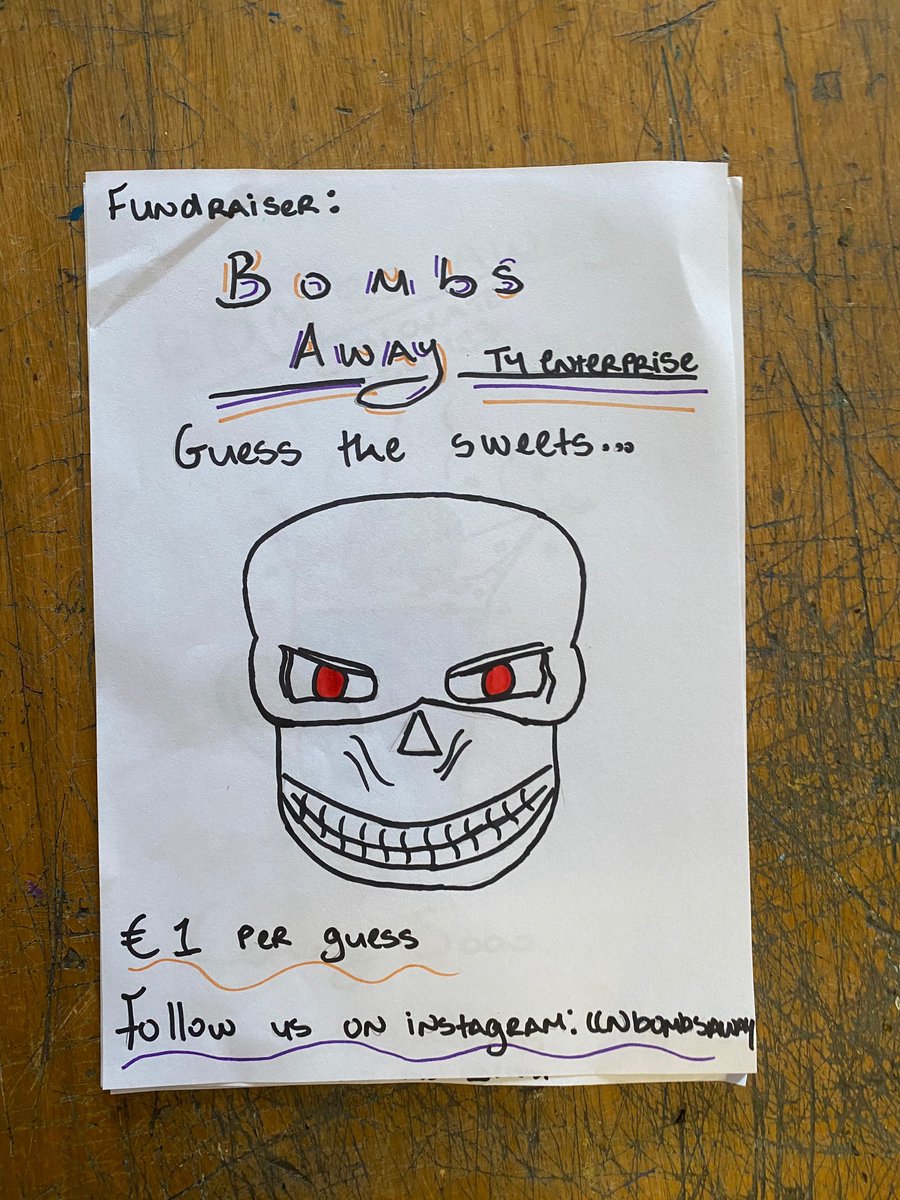 Fundraiser for TY enterprise company ‘Bombs Away’. 1st-TY can bring in €1 to guess how many sweets in the jar to win it . See details below 🍬 @ceist1 <a href="/Entirl/">Enterprise Ireland</a>