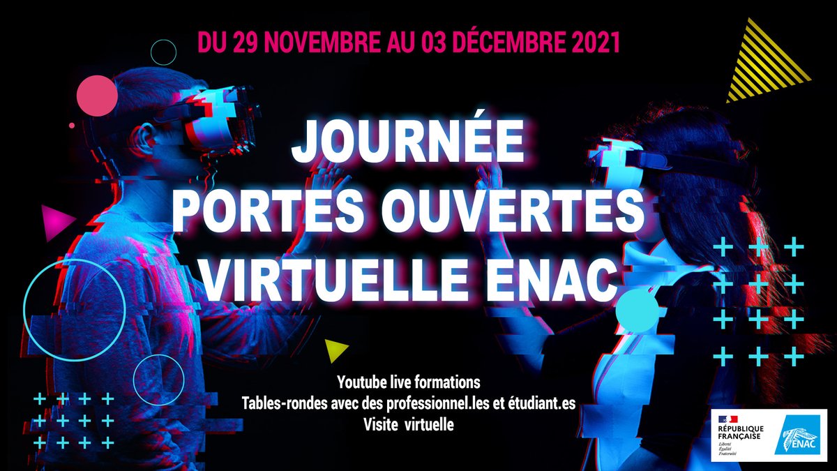 📢La Journée Portes Ouvertes de l’#ENAC revient cette année pour 1 version virtuelle ! Étalée sur plusieurs jours, nous vous donnons rendez-vous du 29/11 au 03/12 2021. Au programme: site dédié, des « live » #formations, tables rondes avec des #professionnel.les et des élèves😎