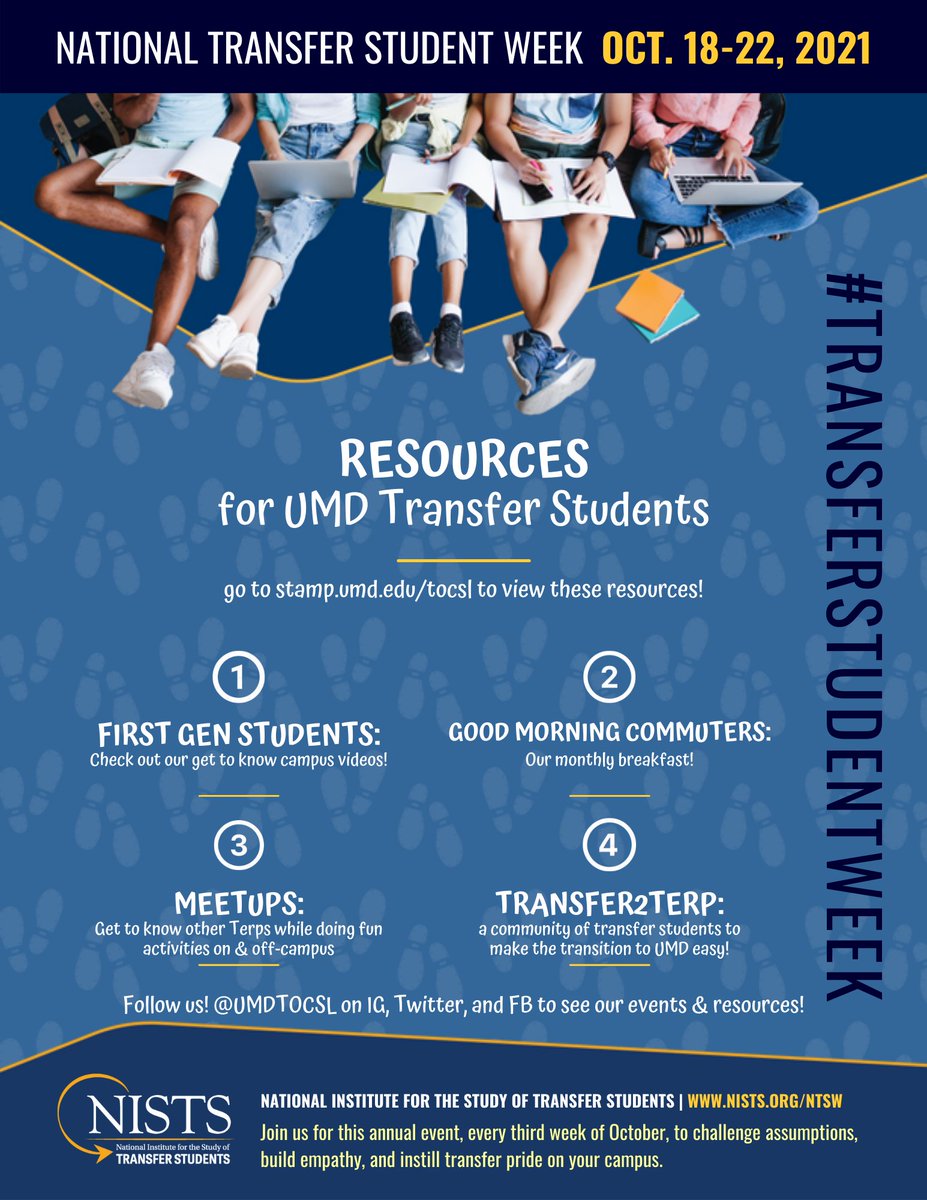 UMDTOCSL's tweet photo. It’s day 2 of #NationalTransferStudentWeek!

Here is a ✨sneak peek✨ of some of the resources TOCSL offers for our transfer Terps!! Check out our website or social media for updates on events, resources, and more.

#NTSW #engagement #TOCSL #TransferAppreciation #T2T https://t.co/KcUN38lslB