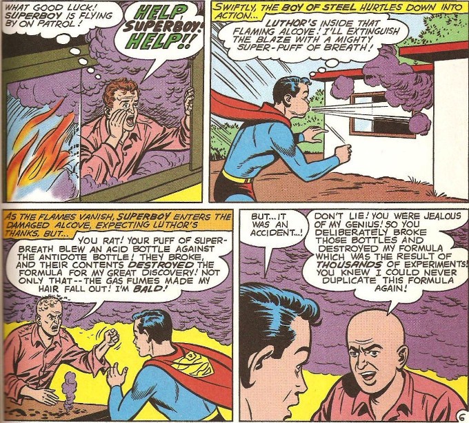 Panel 1: Luthor calls for help from a burning building. Panel 2: Superboy blows out the fire. Panels 3-4: Luthor: "You rat! Your puff of super-breath blew an acid bottle against the antidote bottle! They broke and their contents destroyed the formula for my great discovery! You knew I could never duplicate this formula again!"