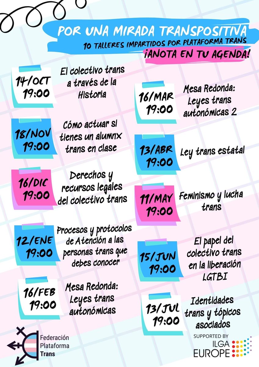 Calendario anual de actividades que organiza la <a href="/PlataformaTrans/">Plataforma Trans 🏳️‍⚧️ Hay Ley Trans</a> con la colaboración de <a href="/ILGAEurope/">ILGA-Europe</a> *¡Apunta las fechas y no te lo pierdas!*

#FuerzaTrans #ResistenciaTrans #CulturizaT #PorUnaMiradaTransPositiva