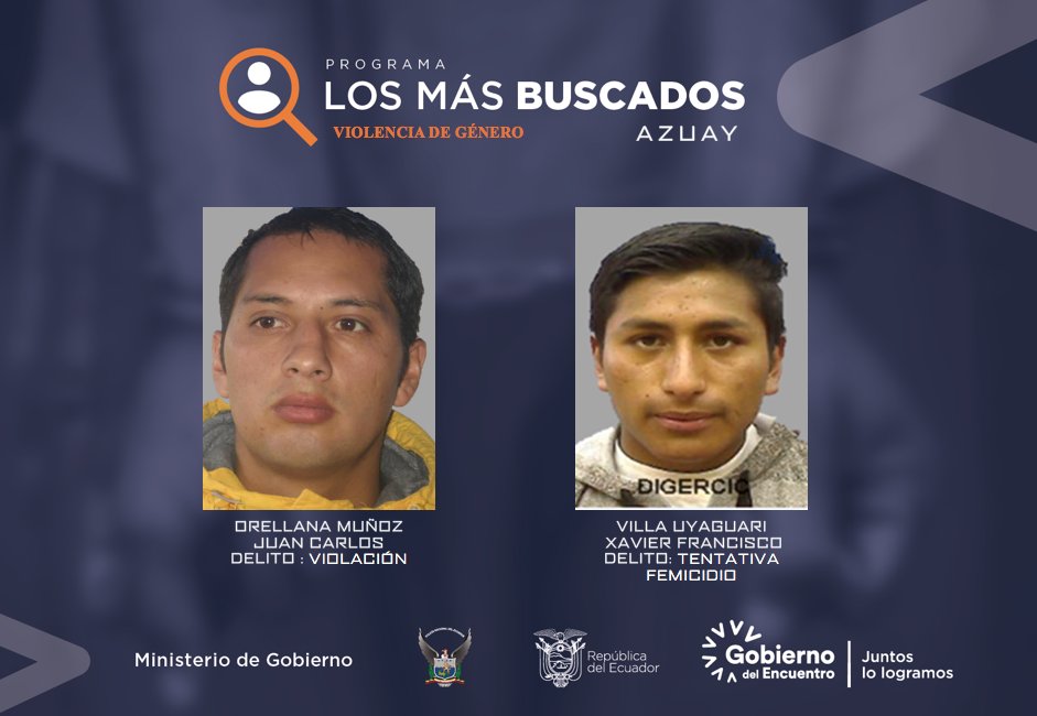 MinGobiernoEc's tweet photo. Trabajemos juntos contra la violencia de género. Si tienes información de los más  buscados de #Azuay, comunícate al 1800 DELITO. Se guardará estricta confidencialidad |#EcuadorNiUnaMenos https://t.co/OLj3VJMc7Z