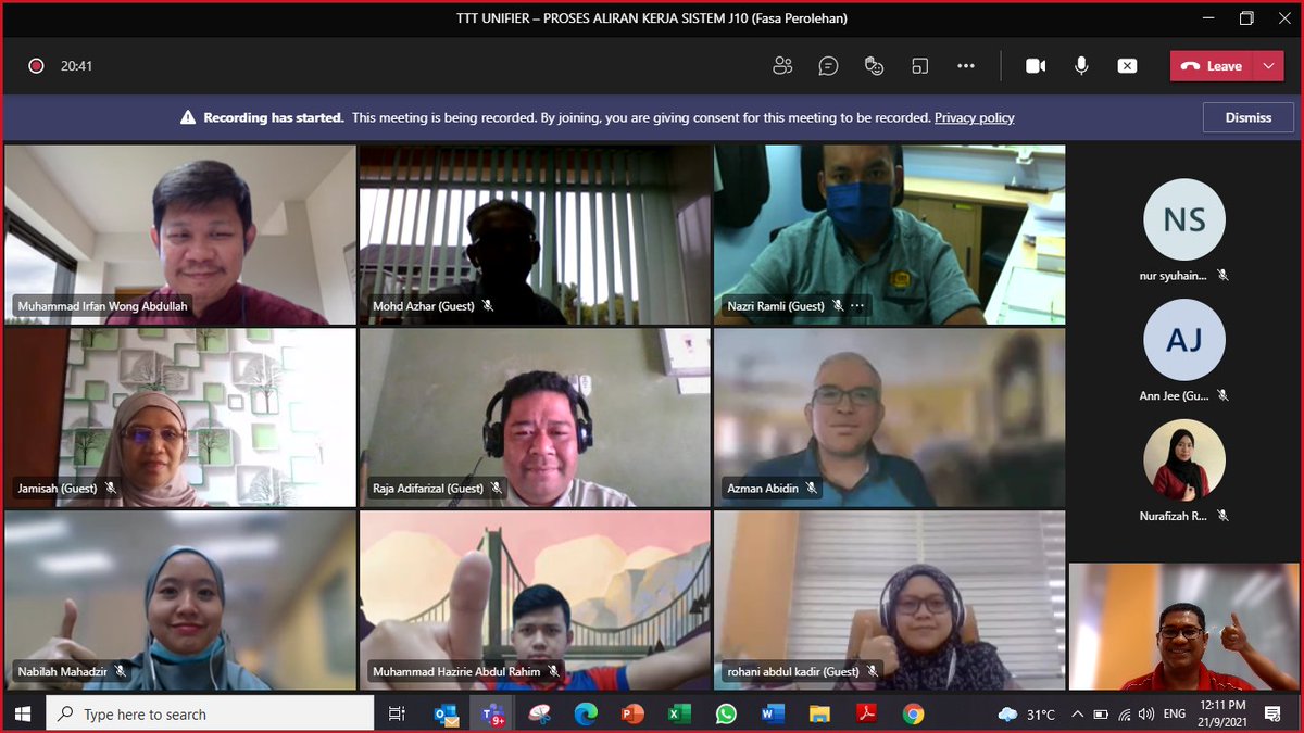 20 hingga 21 September 2021 – Sesi latihan Train the Trainer (TTT) Unifier Proses Aliran Kerja Fasa Perolehan untuk Sesi 4 telah  berlangsung  secara atas talian melalui Platform Microsoft TEAMS selama dua (2) hari. Terima kasih kepada semua pegawai yang terlibat.
