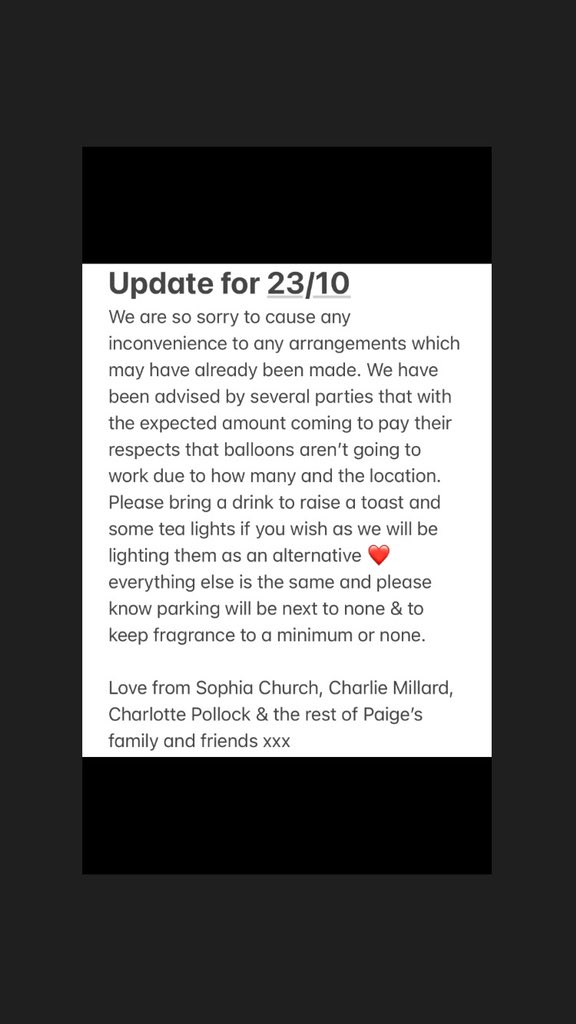 sophiachurchx's tweet photo. Apologies >>
we have been told the balloons are not allowed as there will be too many being let off. Same colours, location ect still applies but if u want to replace the balloons with tea lights u can &amp; bring a little drink for our girl 💖 Thanks. https://t.co/6sk7z3lup0
