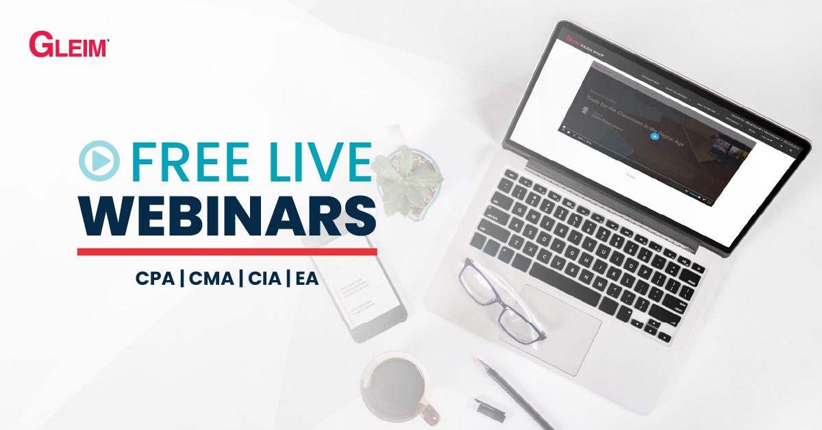 GleimAccounting's tweet photo. Check out our free #Gleim webinars! You can watch our past webinars or register for upcoming ones. Share these webinars with your study partners & peers. CPA: https://t.co/xXQr69nRBA CMA: https://t.co/JkTlUzX7mJ CIA: https://t.co/RwX4sY19cU EA: https://t.co/3B1PMhoj8C #accounting https://t.co/aACPt59cd2