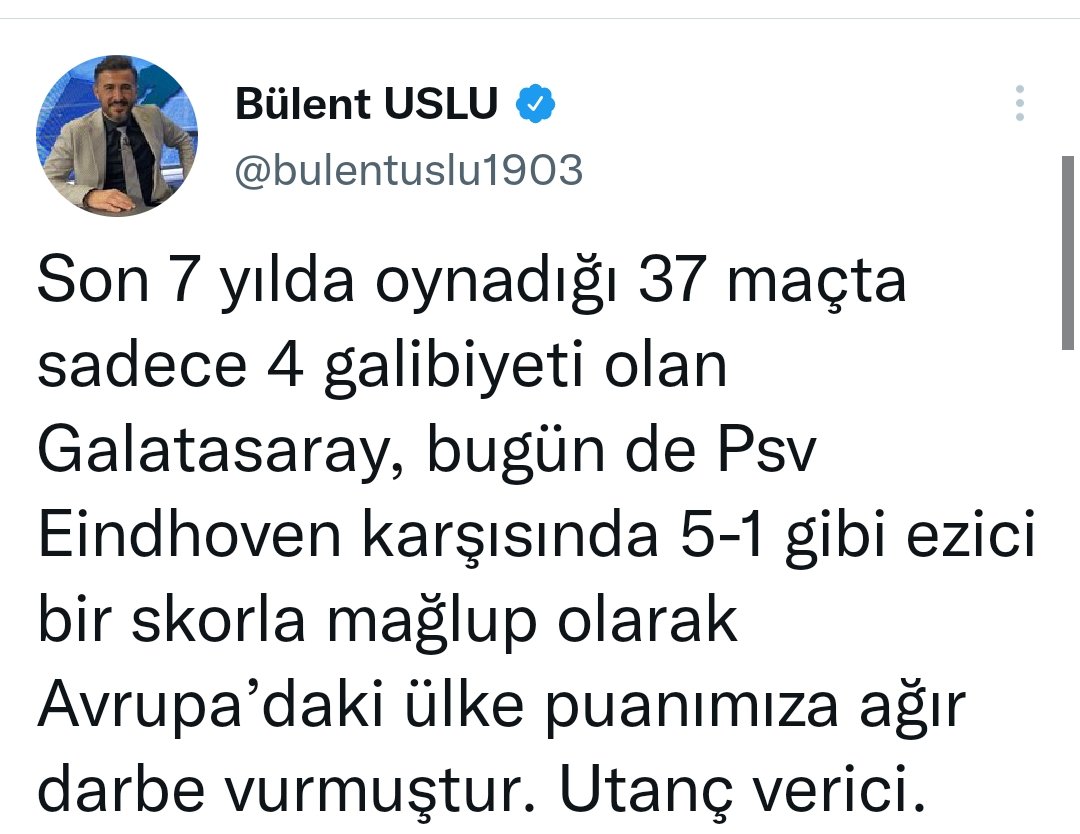 Avrupa'da son 12 maçta sadece 1 galibiyeti olan, Daha önce Liverpool'dan 8 ve Dinamo Kiev'den 6 gol yiyen ve en kolay grupta 3 maçta 0 puan alan ve yediği 8 gol ile averaj takımı olan Beşiktaş, Avrupa'daki ülke puanımıza ağır darbe vurmuştur. UTANÇ VERİCİ! <a href="/bulentuslu1903/">Bülent USLU</a>