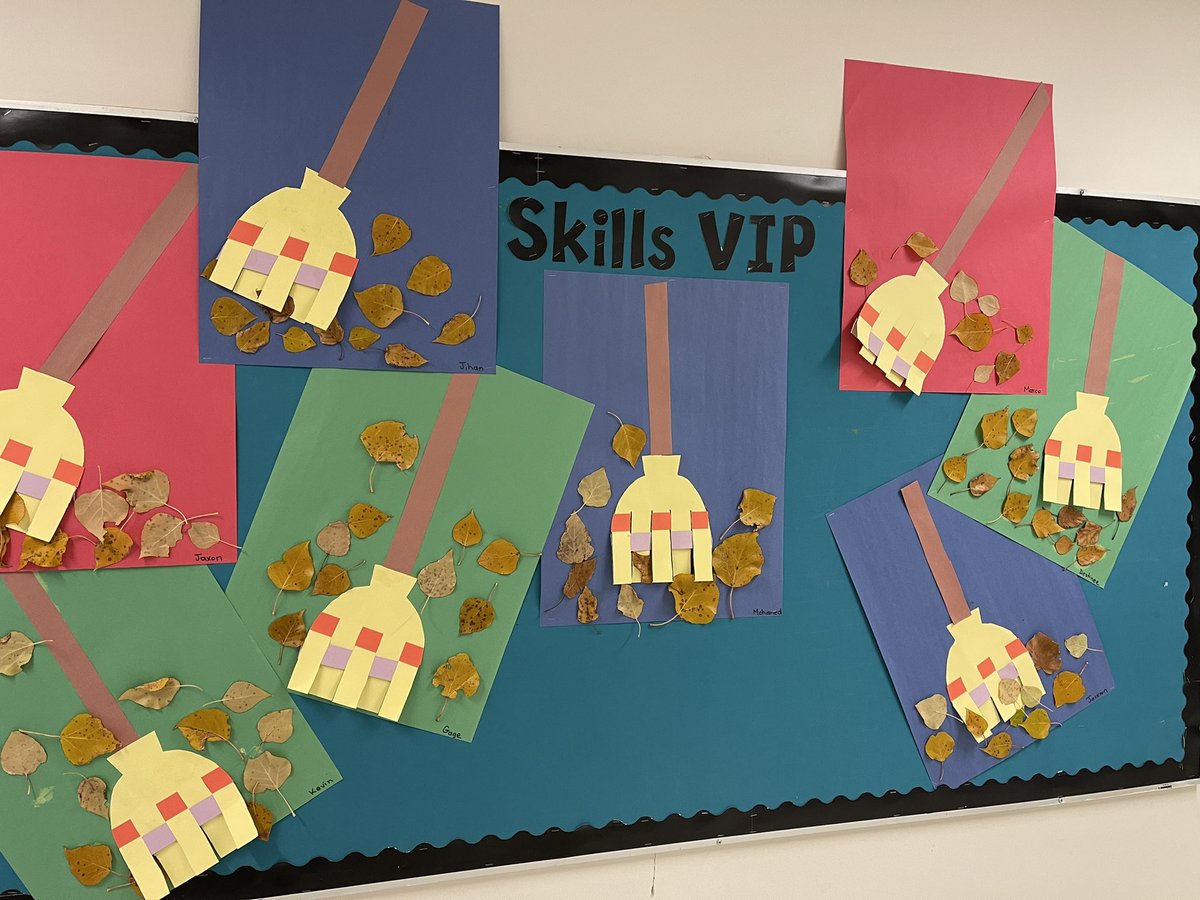 MsKlath's tweet photo. Fall Yard cleanup underway in #SVIPIT Skills/VIP @DrClarkSchool. Weaving is #problemsolving, cutting and pasting is #finemotordevelopment and art is #creativity. Colourful end to the day! #fmpsd https://t.co/0HCyBkgn1H