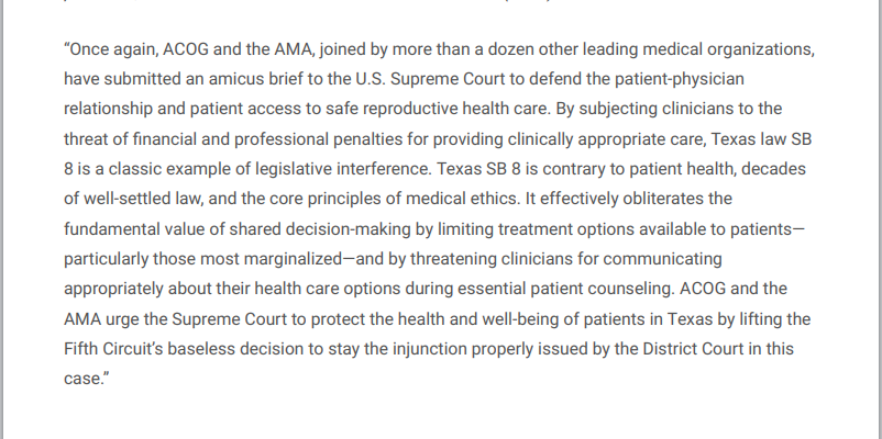 ACOGAction's tweet photo. For the 6 weeks that #SB8 has been in place, abortion has effectively been abolished in Texas, despite the fact that it is a safe, important component of comprehensive  medical care. @ACOG and @AmerMedicalAssn urge #SCOTUS to protect Texas patients. https://t.co/D9PgoguLW8 https://t.co/F1OFgMl1Bz