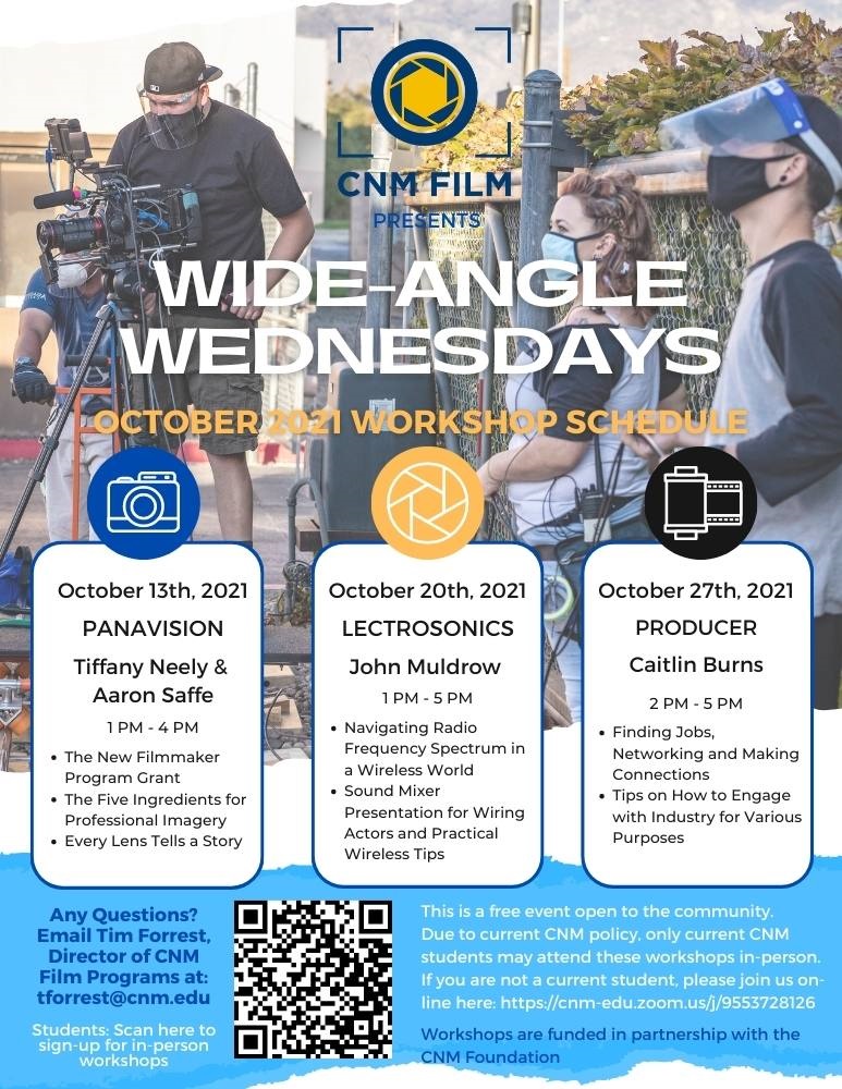 cnmats's tweet photo. CNM Film presents "Wide-Angle Wednesdays"! Current CNM Film students are welcome to attend these industry led informational events in person. Community members may attend virtually. RSVP here: https://t.co/LY2s8BLkbK or scan the QR code below. Here's the October Schedule. https://t.co/9y6XFHsLyO