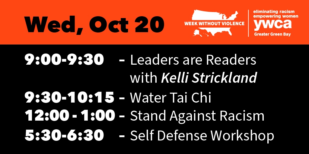 Check out our Week Without Violence itinerary for tomorrow, Wednesday, October 20th!

Learn more and register: YWCAGreenBay.org/WWV

#WWV21