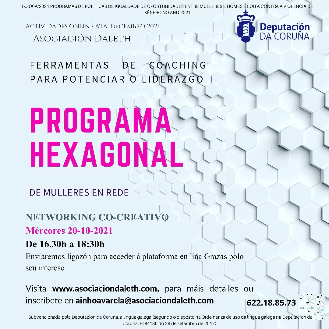 DalethCoaching's tweet photo. ¿Apúntasche? Inscríbeche para acceder ás actividades en Liña! ✨👐🏽

Programa Subvencionado Deputación A Coruña. F0I0OA/2021 Empoderamento e participación social
P. políticas igualdade de oportunidades entre mulleres e homes Loita contra a violencia de xénero 21#deputaciondacoruna https://t.co/Am3AZ3BLnJ