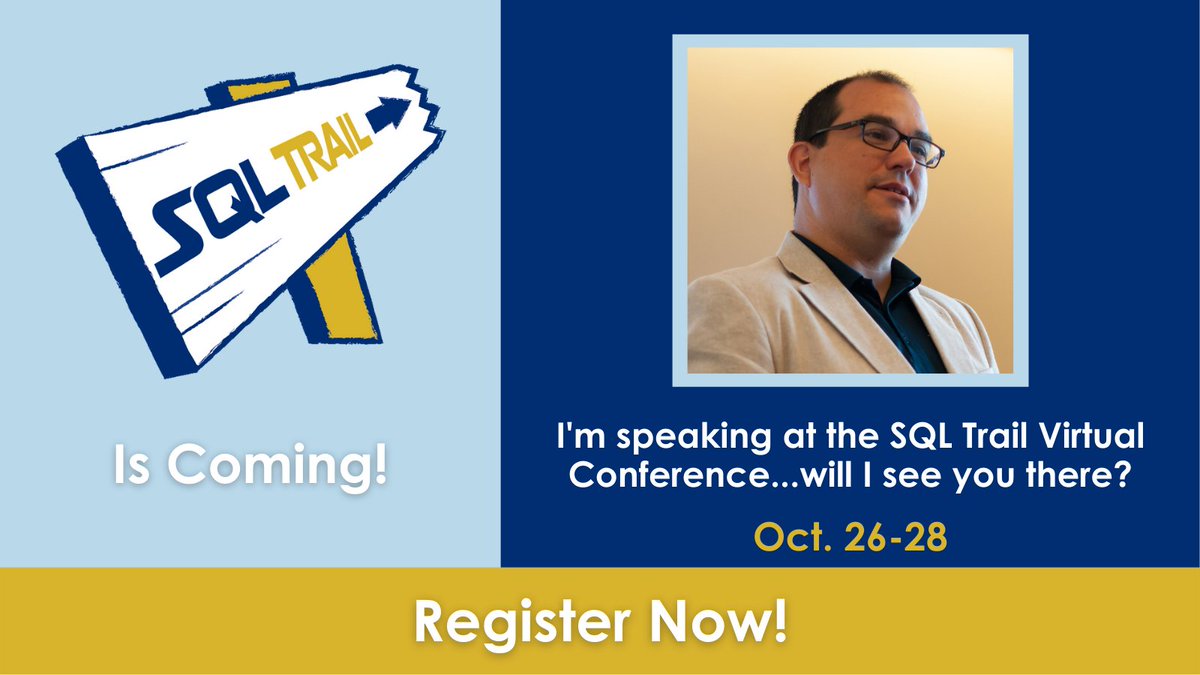 CarlosLChacon's tweet photo. Join me on the SQL Trail next week! I'll be speaking on backups. Register at https://t.co/soeg0aiDKn.
#sqltrail #backups #sqldatapartners #dataplatform #conference https://t.co/Nebcwyfgvv