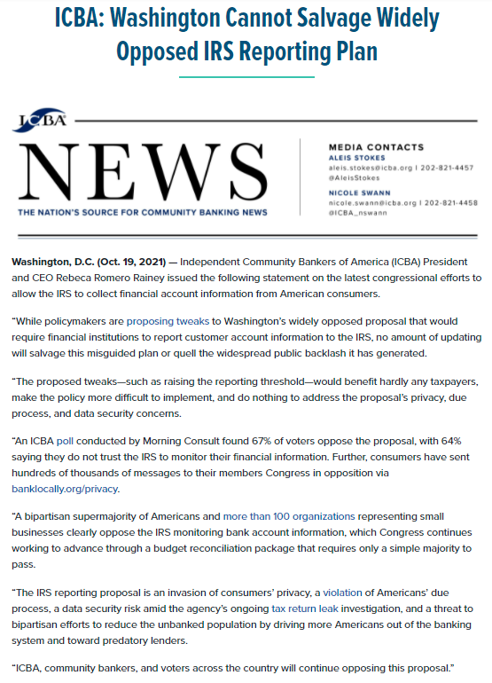 ICBA President and CEO <a href="/romerorainey/">Rebeca Romero Rainey</a> issued the following statement on the latest congressional efforts to allow the IRS to collect financial account information from American consumers ⬇️ #KeepMyBankingPrivate