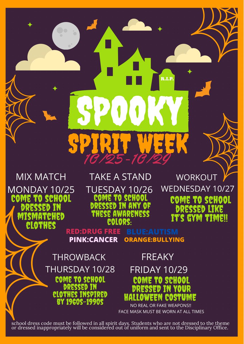 SouthernSBA's tweet photo. 🎃🕸 Spooky Spirit Week 🕸🎃
Starting next week, 10/25-10/29 
Please refer to flyer for more details🧡🖤
#spookyszn #riseuptuninos https://t.co/HKwZIP5UTV