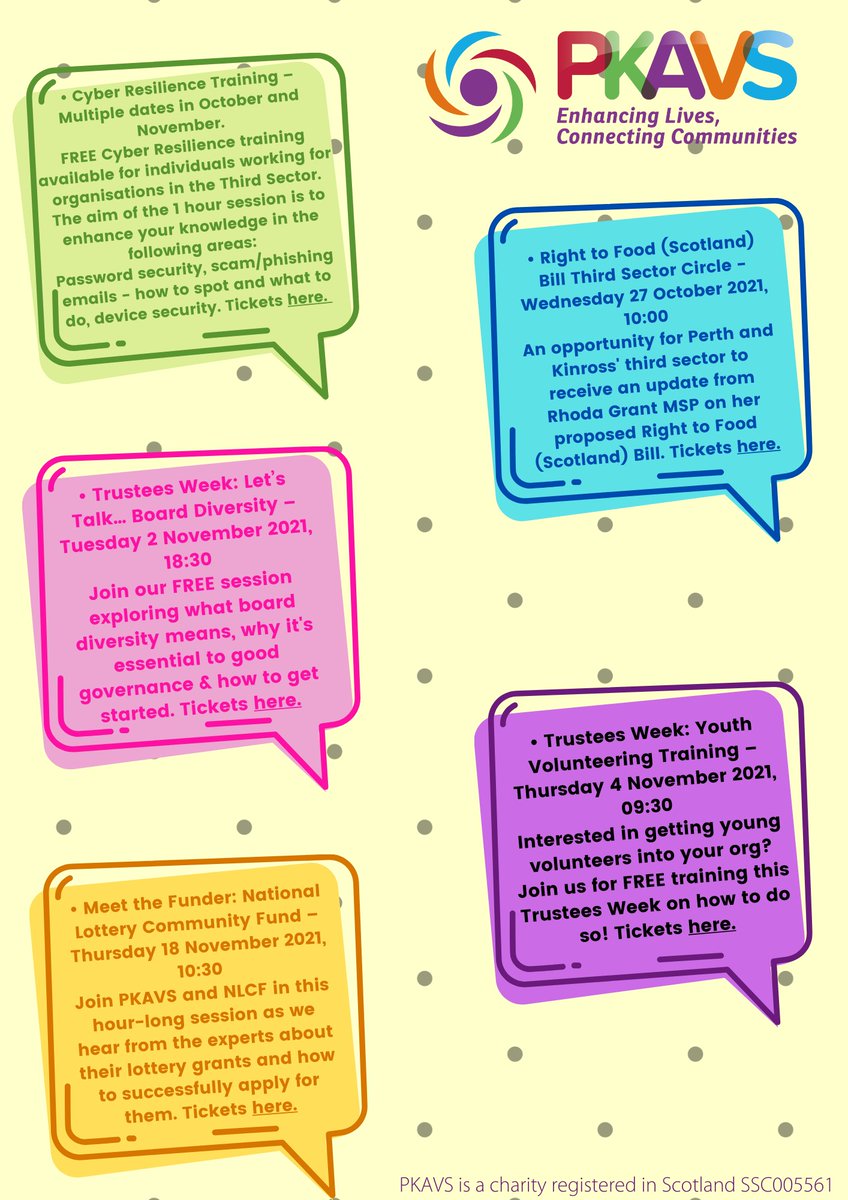 ThirdSectorPK's tweet photo. Our Free #Autumn #learning programme should arrive in inboxes this morning including #CyberResilience, #RightToFood #ThirdSectorCircle,
#TrusteesWeek: Let’s Talk Board #Diversity and
#YouthVolunteering Training, and
Meet the Funder event with @TNLComFundScot
Got your copy?🤔 https://t.co/JJsjm9HveM