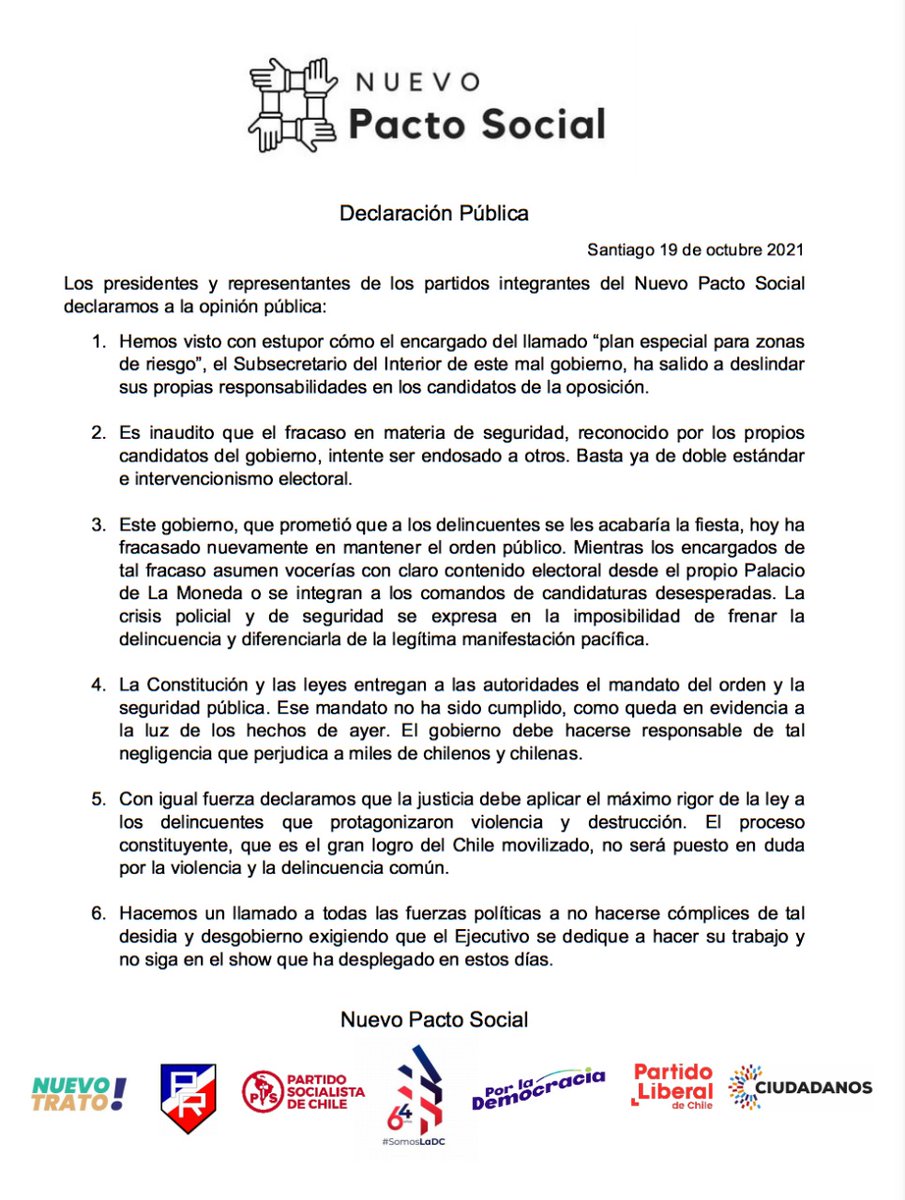 PSChile's tweet photo. 𝗗𝗲𝗰𝗹𝗮𝗿𝗮𝗰𝗶𝗼́𝗻: Partidos integrantes de Nuevo Pacto Social rechazan declaraciones del subsecretario del Interior, Francisco Galli. "Es inaudito que el fracaso en materia de seguridad, reconocido por los propios candidatos del gobierno, intente ser endosado a otros". https://t.co/22pnb0HJ6D