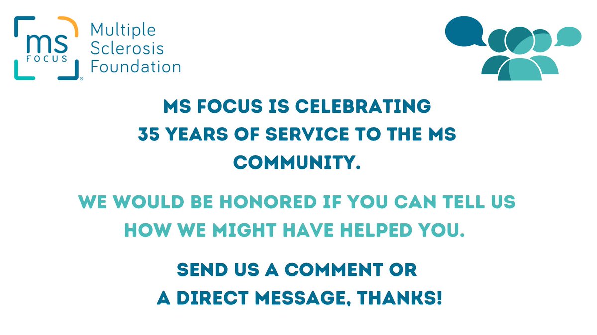 MS_Focus's tweet photo. MS Focus is celebrating 35 years of service to the MS community. We would be honored if you can tell us how we might have touched your life over the years.
#mswarrior #msfocus #multiplesclerosisresearch #ms #mshope #BikeMS #PPMS #msconnections #multiplesclerosis #msawarness https://t.co/Bo9iZKpKGN