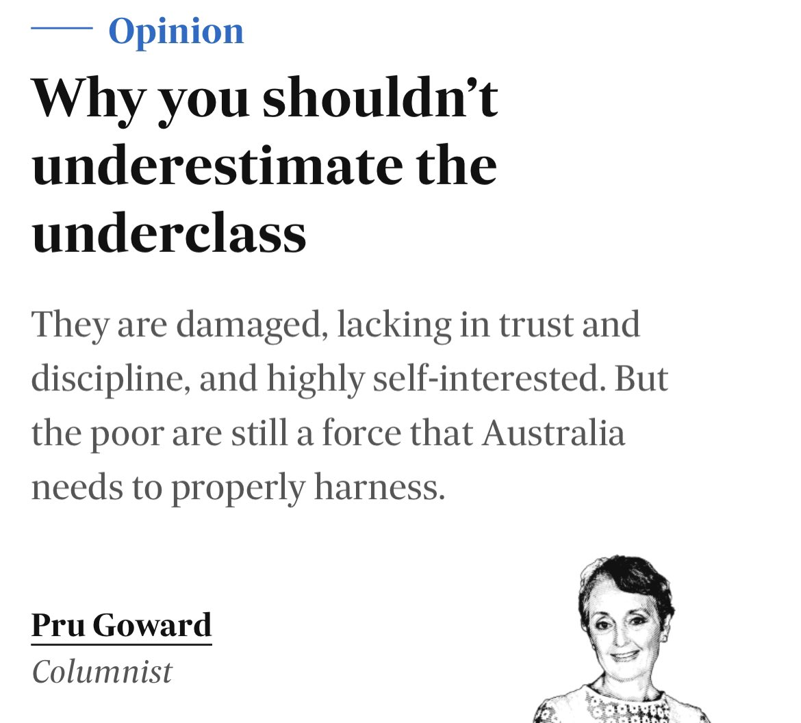 DavidShoebridge's tweet photo. This is a deeply disturbing insight into the political attitude of the Coalition. Pru Goward former Liberal Minister for Child protection and Housing writing a fear piece about what she sees as the growing problem of “proles” https://t.co/Zfmd8rb2gf