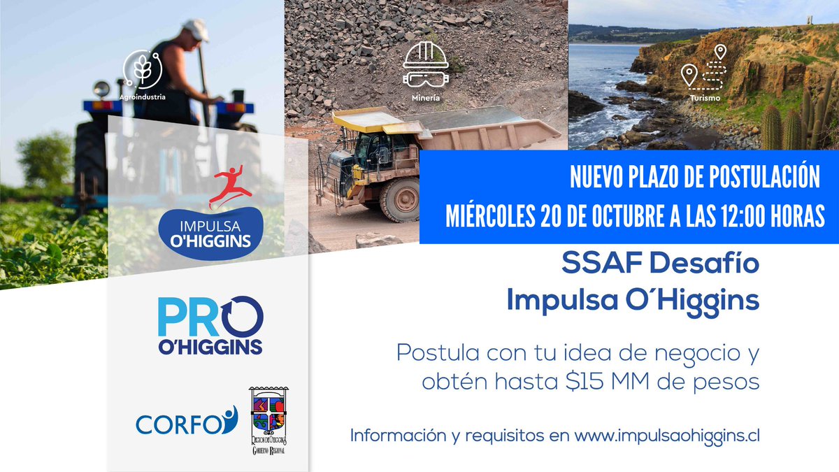 Quedan las últimas horas para enviar tu postulación y ser parte de Desafío Impulsa O'Higgins!!! 👏👏👏

El cierre de postulaciones será a las 12:00 horas ¡Esperamos tu proyecto!