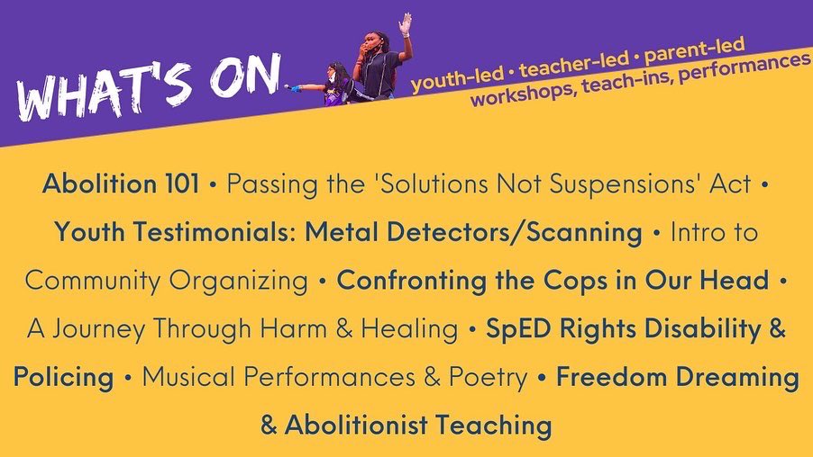 council_14's tweet photo. Join youth organizers this Sunday for a day of art, organizing and action against the school to prison pipeline with TAP @NYCLU @breaksilencenyc @Teachers_Unite @YA_YAnetwork @urbanwordnyc @TeensTakeCharge from 11-4pm.
#StudentVoice
#CommunitiesNotCops
#PoliceFreeSchools https://t.co/7wA75QllaZ