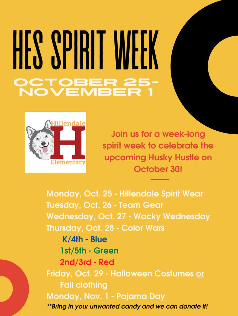 It's almost here!!!!! Have you registered for the #HuskyHustle yet?! Join us next week for a fun-filled #SpiritWeek to celebrate the Husky Hustle on Saturday, October 30th! #HappyHillendale