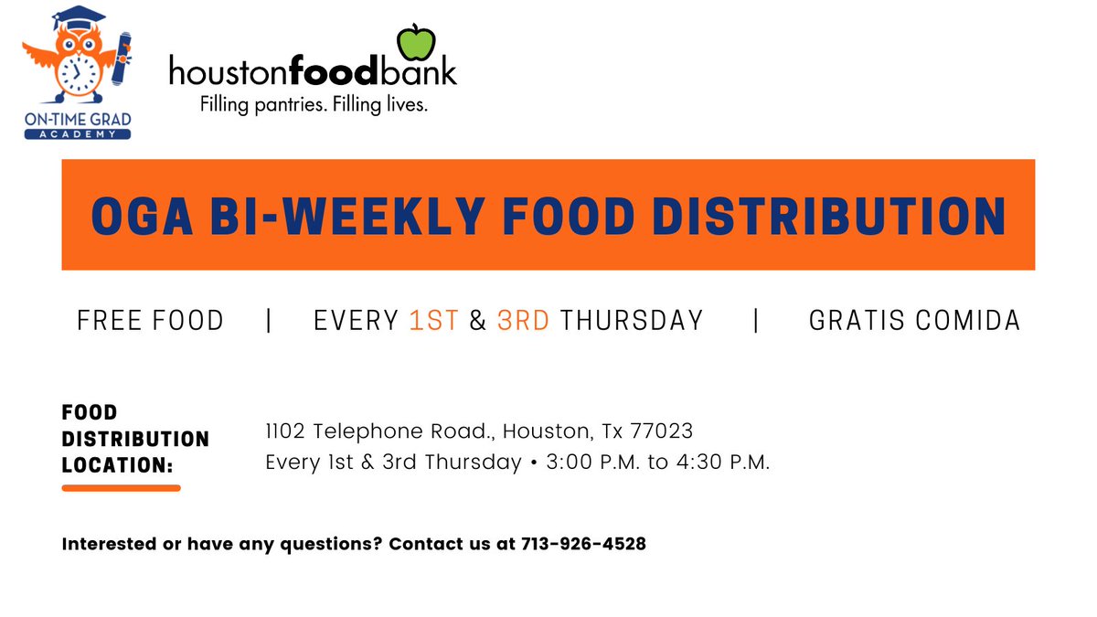 Every 1st and 3rd Thursday of each month, <a href="/OnTimeHISD/">On-Time Grad Academy, An HISD Program</a> and @HISD_Wraparound will work with the <a href="/HoustonFoodBank/">Houston Food Bank</a> to deliver non-perishable food items to our local community at 1102 Telephone Road from 3:00pm to 4:30pm. We are in service to our students and our wider community.