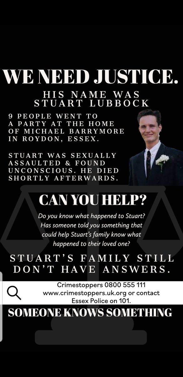 Justice4Stuart's tweet photo. This Thursday will be 7,509 days since Stuart Lubbock was raped at Michael Barrymoreโs home.
From 6pm, (Thursday) all my tweets will have #Justice4Stuart
PLEASE, could you also do the same. We need to reach a bigger audience to get #justice ๐ https://t.co/Rb2UOIqlL2