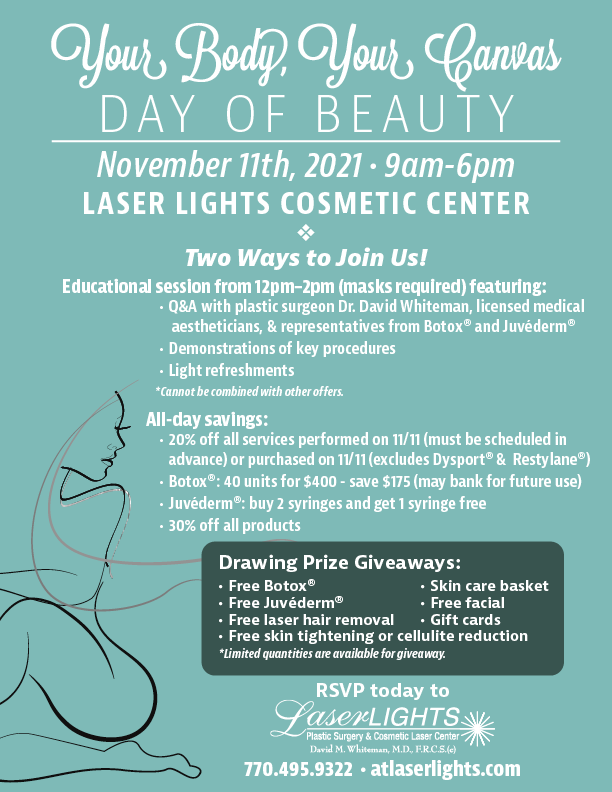 AtLaserLights's tweet photo. You're invited to the biggest cosmetic event of the year - Your Body, Your Canvas!

Join us on November 11th, 2021 for educational sessions, discounts on products and treatments, giveaways, refreshments, and more!

Call (770) 495-9322 now to secure your spot!
#laserlights #medspa https://t.co/dUPRi5W9Kk