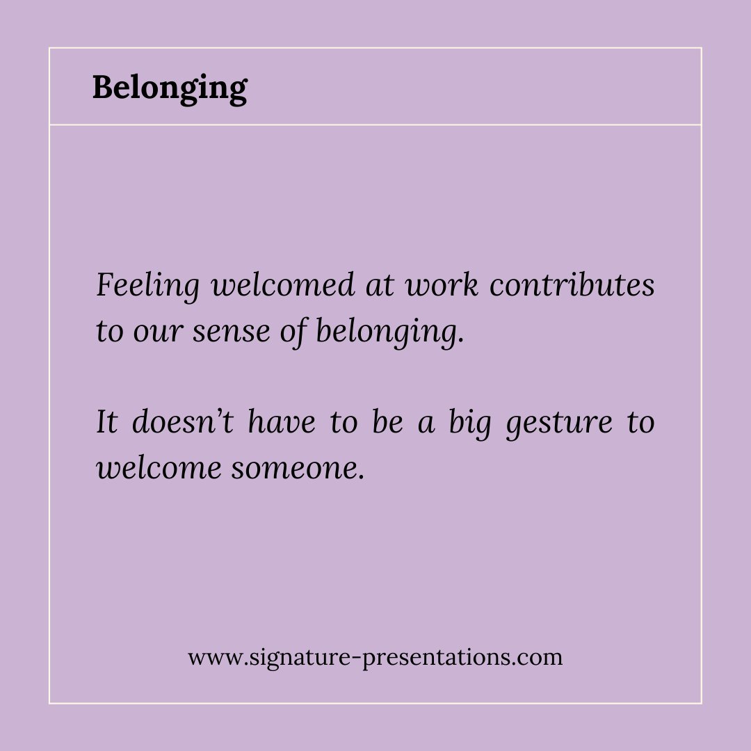 SigPrez's tweet photo. What makes us feel welcome at work is unique for each of us.
What makes you feel included or welcomed at work?
#SignaturePresentations #YouBelong #BuildingBelonging #TipsTuesday https://t.co/66YkOd1sLB