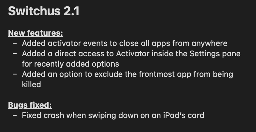 SynnyG_R's tweet photo. #Switchus 2.1 has just been pushed to Packix and is waiting for approval!
This update fix the tweak on iPad and bring Activator support for kill all running apps!
Full changelog below... Enjoy :) https://t.co/lYCtkDJ2ch