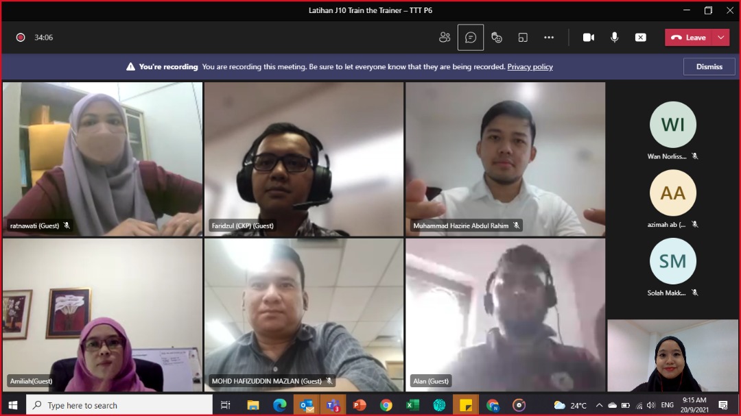 J10Jkr's tweet photo. 20 hingga 23 September 2021 – Sesi latihan Train the Trainer (TTT) Penjadualan Projek P6 untuk Sesi 4 telah berlangsung  secara atas talian melalui Platform Microsoft TEAMS. Sesi latihan ini telah berlangsung selama empat (4) hari. Terima kasih kepada semua pegawai yang terlibat. https://t.co/pov0tdJebW