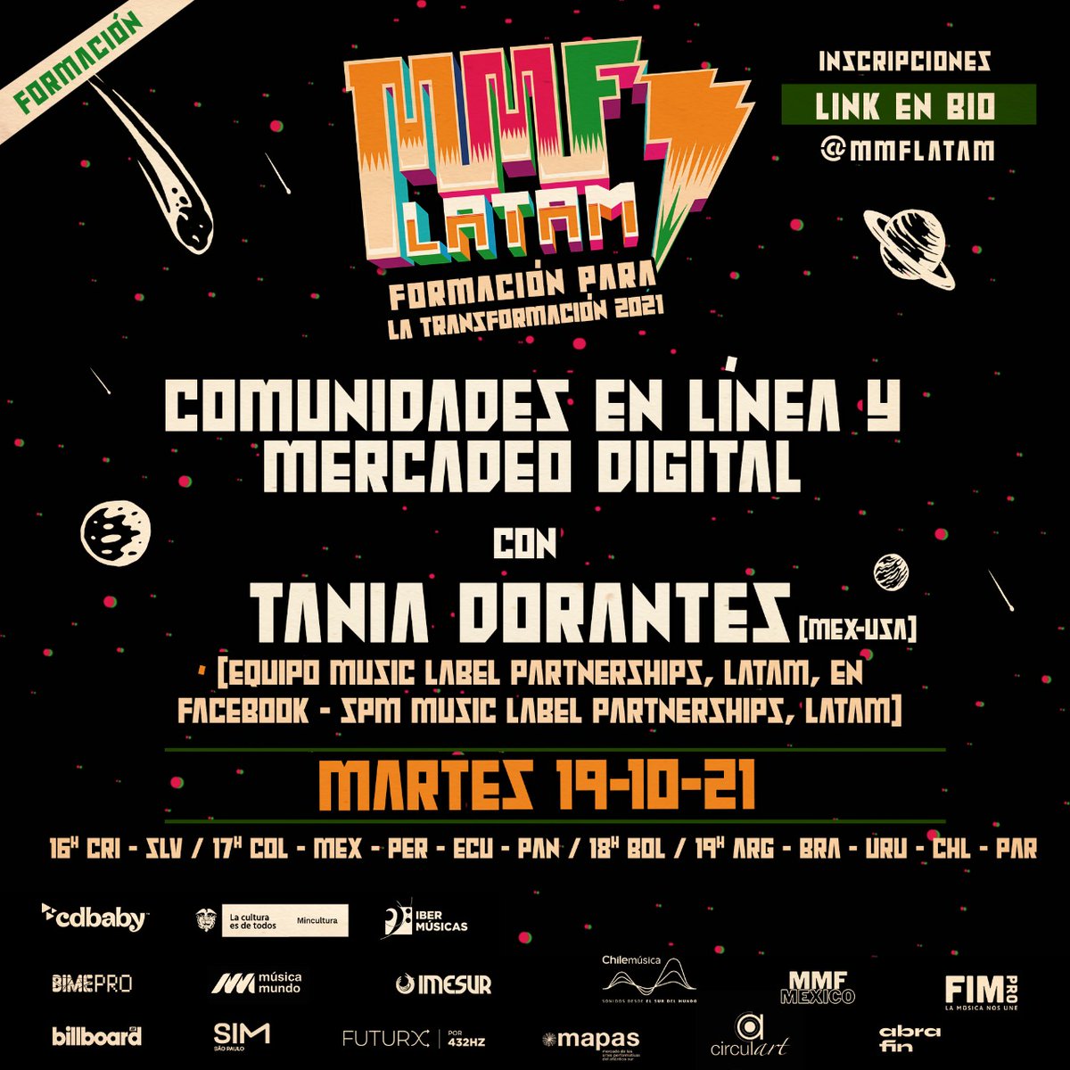 📢 SEGUIMOS‼️ Sesión 3 de Formación:
::*Comunidades en línea y Mercadeo Digital*::
a cargo de TANIA DORANTES 🇲🇽 🇺🇸 (equipo Facebook Music Label Partnerships Latam)
Modalidad virtual (en vivo). Info en mmf.la
5 pm 🇨🇴 🇲🇽 / 7 pm 🇦🇷 🇨🇱 🇧🇷