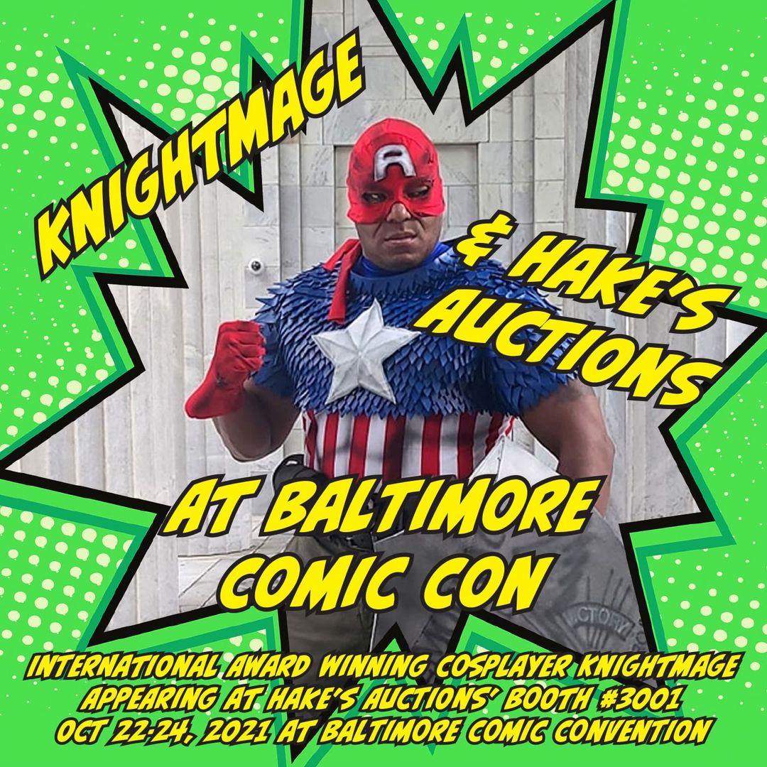 HakesAuctions's tweet photo. Going to @baltimorecomics? Stop by @HakesAuctions, booth 3001 to get a pic with award-winning #cosplayer @knightmage! Stop by & meet @CaptainAmerica!
#BaltimoreComicCon #Knightmage #cosplay #Marvel #MarvelStudios #AvengersEndgame #CaptainAmerica #heroprop #movieprop #ChrisEvans https://t.co/XktEIpu25R