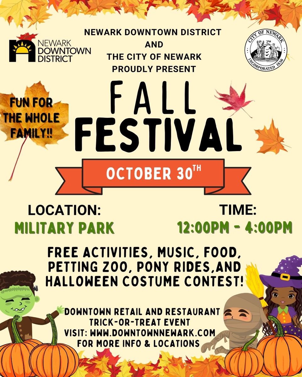 Makerhoods's tweet photo. The Newark Downtown District will be hosting a Fall Festival along with the City of Newark, on Saturday October 30th, in Military Park from 12pm - 4pm 🍂🍁

Family activities, food, contests and more! https://t.co/6y60hGx7aC
