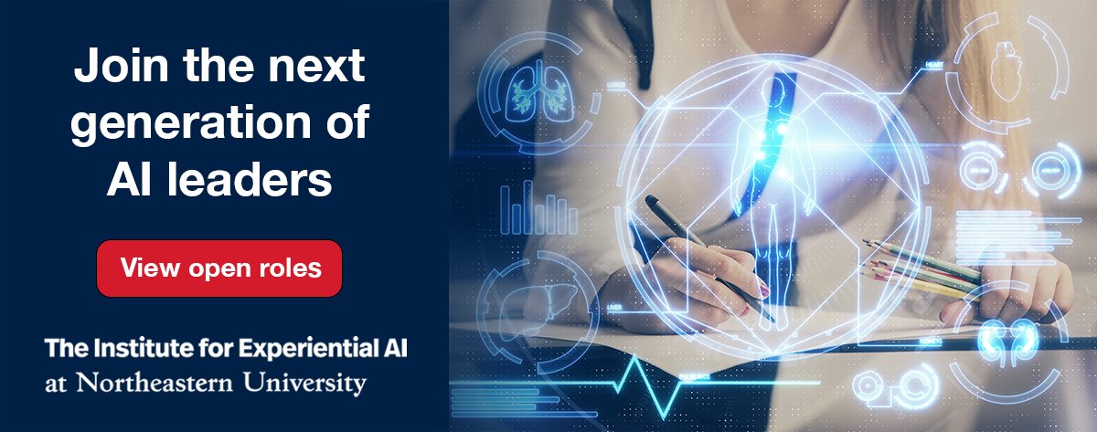 Experiential_AI's tweet image. We&apos;re hiring! Our team is looking for a Senior Data Scientist, Senior Data Engineer, and Director, AI Solutions. If you or someone you know is passionate about a career that focuses on the fusion of human and machine intelligence, apply today! ai.northeastern.edu/jobs/ 

#nowhiring