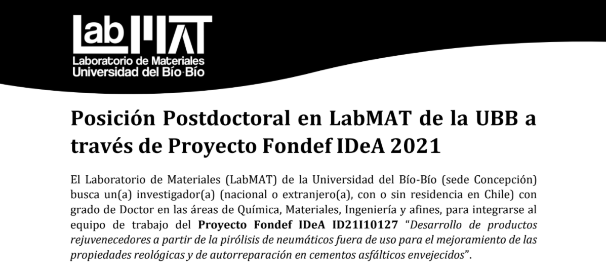cda_cl's tweet photo. El Laboratorio de Materiales (#LabMAT) de la Universidad del Bío Bío (sede Concepción) busca un(a) investigador(a) para integrarse al equipo de trabajo del Proyecto Fondef IDeA ID21I10127.
Revisa toda la información aquí ➡ https://t.co/B37bcd3uix https://t.co/TibNGHQmck