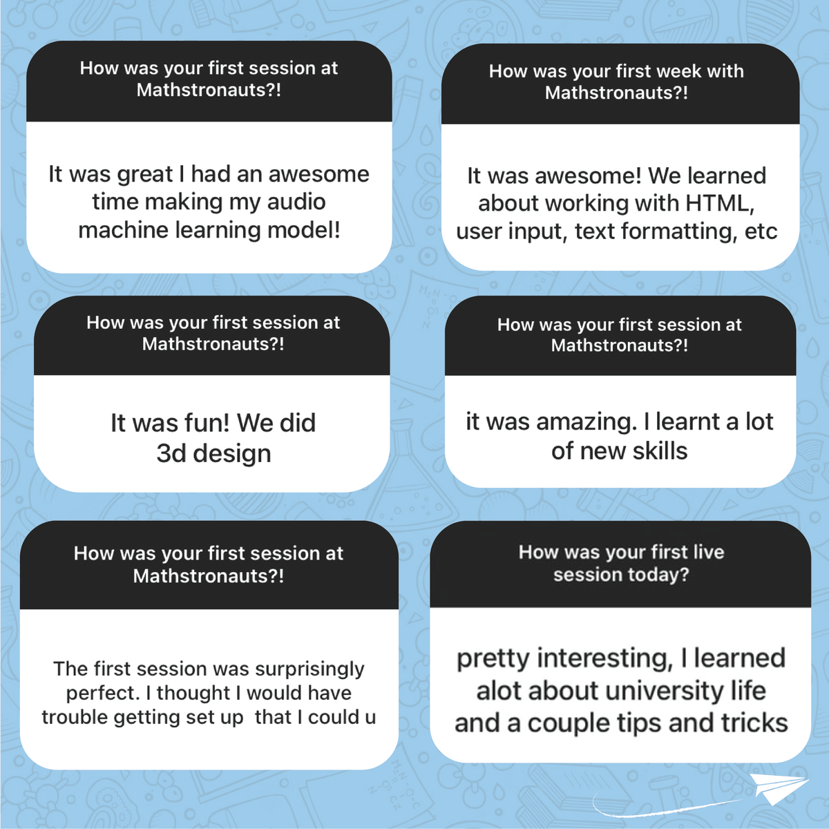 Mathstronauts's tweet photo. Thank you to everyone who participated in our Launch! Here is some of the feedback we've gotten so far 🚀 The #Mathstronauts Team works hard to bring high-quality, relevant and engaging #STEM programming to youth in Canada, and this feedback makes it all worthwhile 🤗🙌 https://t.co/AjexNMtkjd