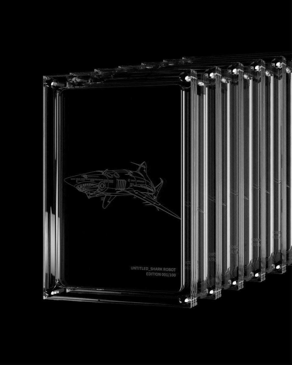 zheneration's tweet photo. Untitled_Shark Robot (Full), our premium NFT, is bridging the ocean between digital and physical works of art. ZHEN. has created a unique, physical trading card made of cold steel to accompany this #NFT edition. Want to know more? https://t.co/HViZLc0Q1q https://t.co/6I03WSnhVi