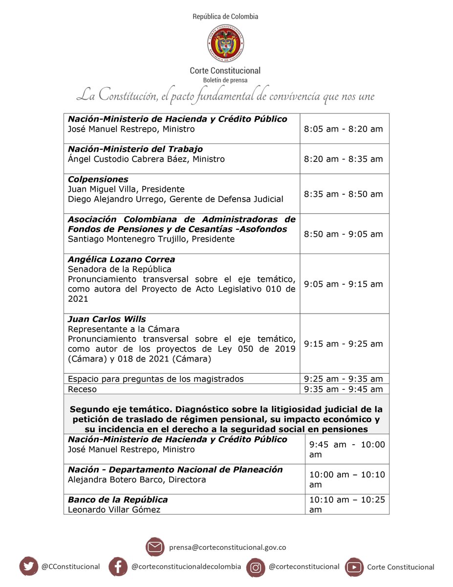 CConstitucional's tweet photo. #LaCorteInforma I Corte Constitucional convoca a audiencia pública virtual para escuchar a todos los involucrados en la discusión sobre el traslado de un fondo privado de pensión a Colpensiones.
(1/2). https://t.co/Krp3oeYyaW