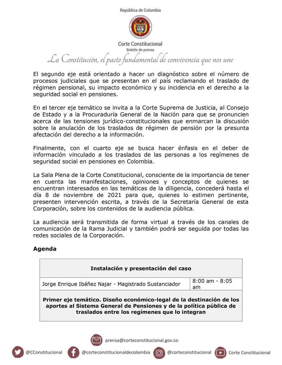 CConstitucional's tweet photo. #LaCorteInforma I Corte Constitucional convoca a audiencia pública virtual para escuchar a todos los involucrados en la discusión sobre el traslado de un fondo privado de pensión a Colpensiones.
(1/2). https://t.co/Krp3oeYyaW