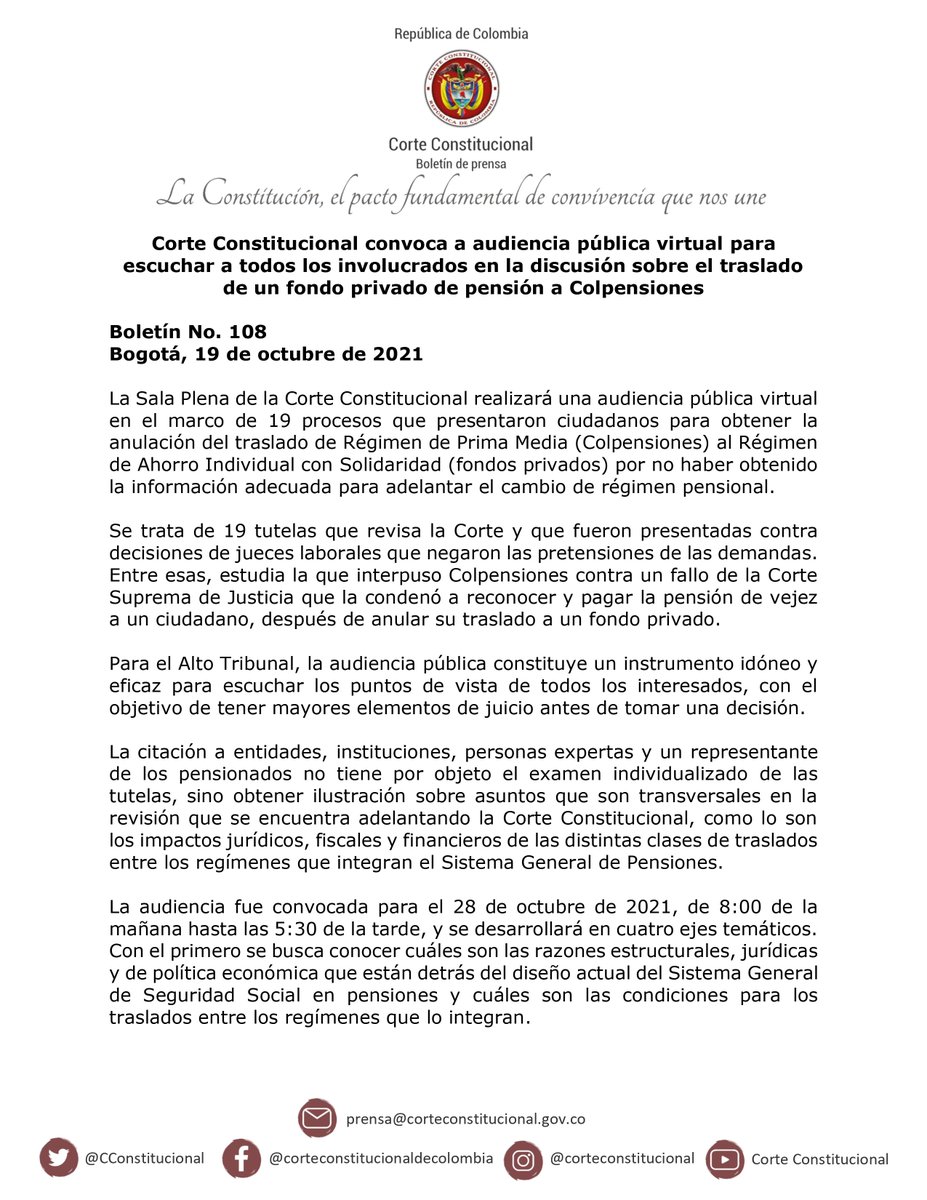 CConstitucional's tweet photo. #LaCorteInforma I Corte Constitucional convoca a audiencia pública virtual para escuchar a todos los involucrados en la discusión sobre el traslado de un fondo privado de pensión a Colpensiones.
(1/2). https://t.co/Krp3oeYyaW