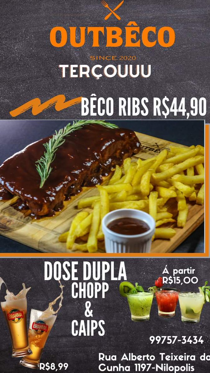 OutbecoN's tweet photo. Fala galera,

Iniciando a semana com aquelas promoções que vc adora.

          🍻DOSE DUPLA DE CHOPP E CAIPS🍹
                       Á NOITE TODA

NOSSA DELICIOSA COSTELA COM BARBECUE 
               🔥POR APENAS R$ 44,90🔥

Tudo isso e muito mais...

Aberto á partir das 18:00 https://t.co/ukubQKpDBb