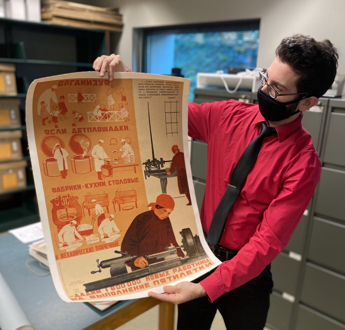 KheelCenter's tweet photo. New acquisition: a 1931 Soviet Russian labor poster! It reads “Organize Nurseries, Kindergartens Factories, Kitchens, Dining Halls Mechanical Laundries - Thus We Can Free 1,600,000 New Workers for the Fulfillment of the Five Year Plan.”
#CornellRAD #Sovietposters #KheelCenter https://t.co/ltLGXxo0EN
