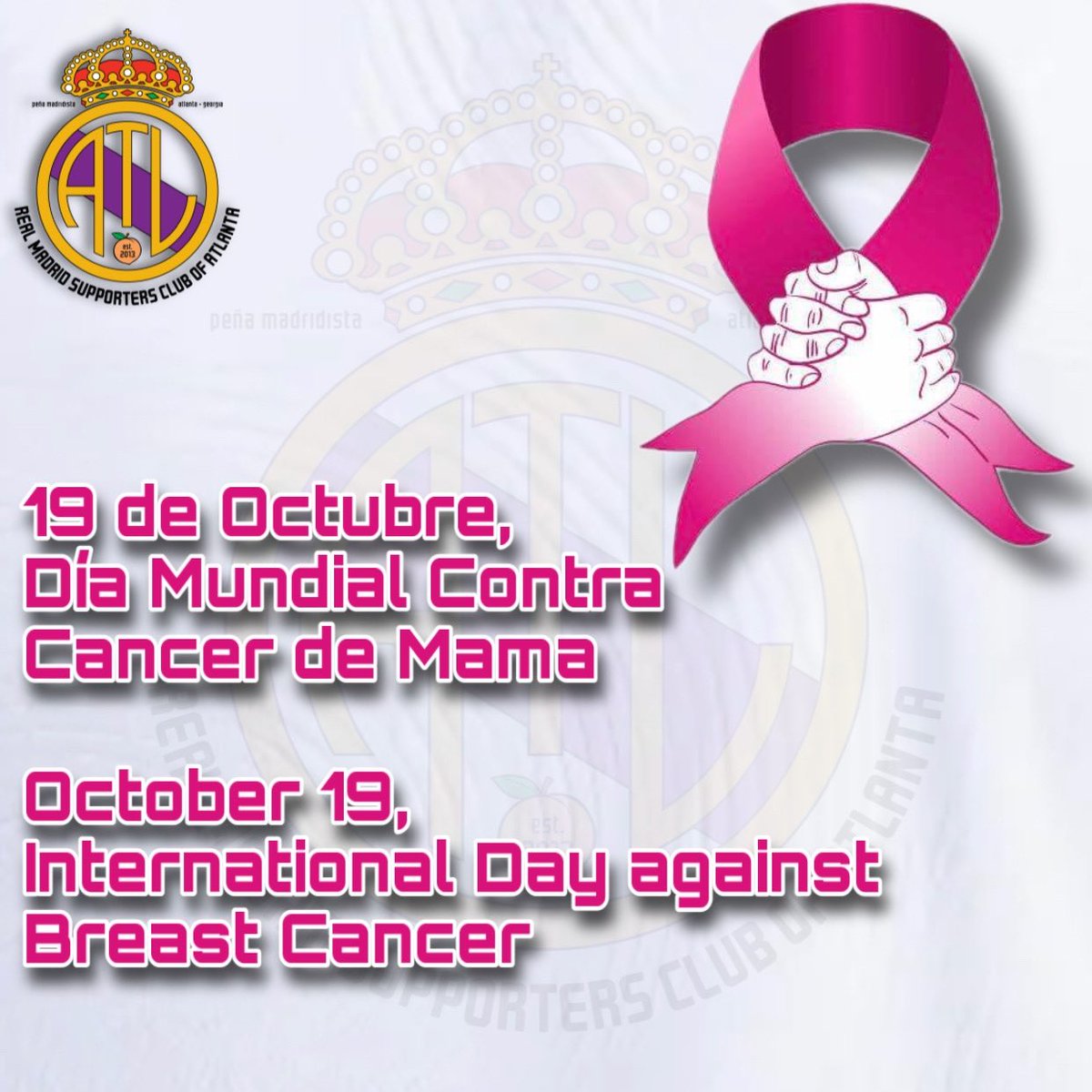MadridistasATL's tweet photo. 🇪🇸 Peña Madridista de Atlanta,  se une a esta causa, como lo es, El Día Mundial contra el Cáncer de mama.
Y a nuestras Socias les recordamos de auto-examinarse, ya que el cáncer de mama se puede detectar a tiempo.
¡Sois todas unas guerreras! #cancer #breastcancer #mujermadridista https://t.co/YUiUjwq21q