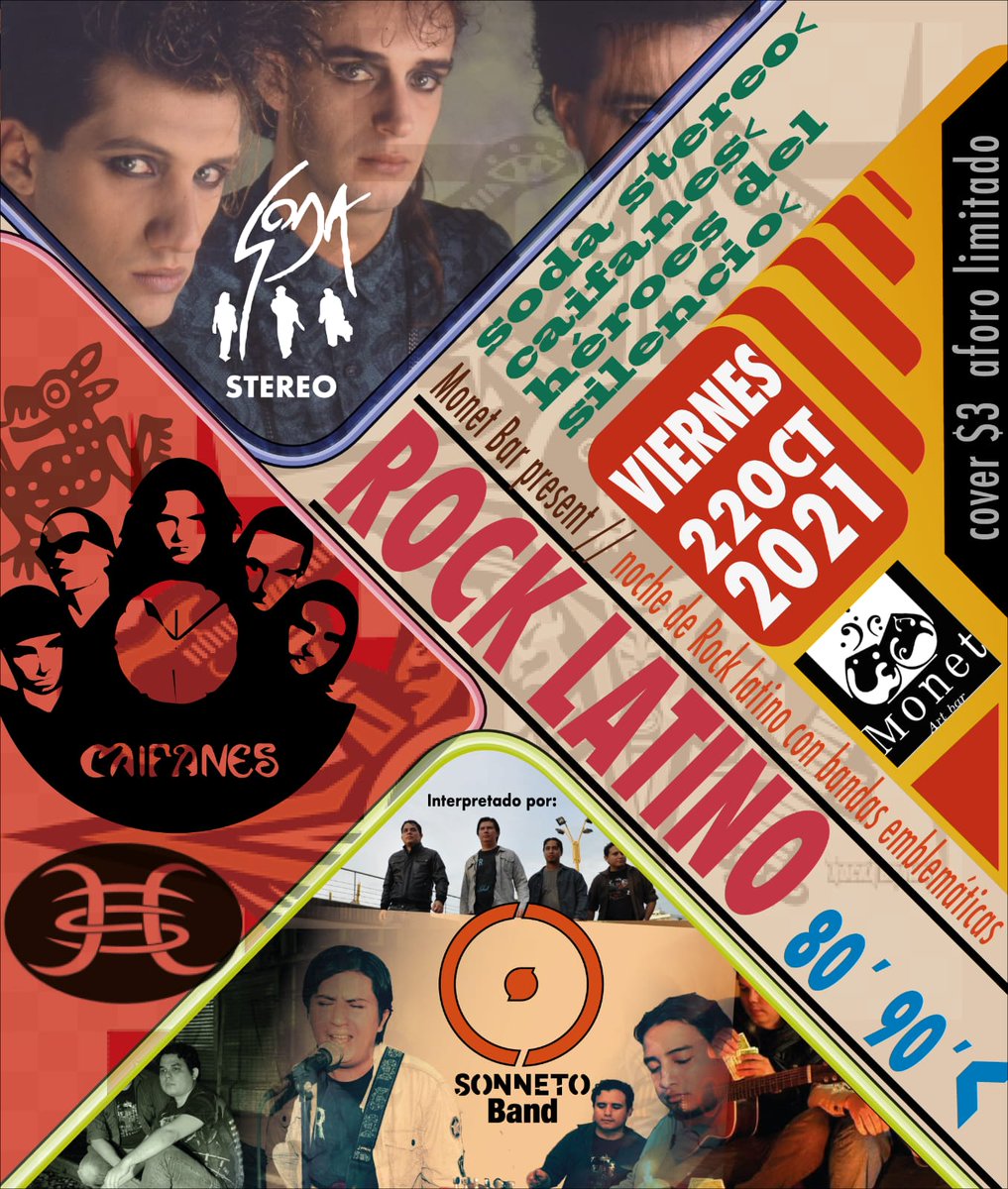 Sonneto's tweet photo. Una noche de tributo a las tres bandas más emblemáticas del rock en español, Soda Stereo, Caifanes y Héroes del Silencio. Los esperamos este Viernes 22 de octubre desde las 20h00 en Monet Resto Art (Guayaquil - Juan Montalvo entre Rocafuerte y Panamá) https://t.co/BCJ5jEbKud